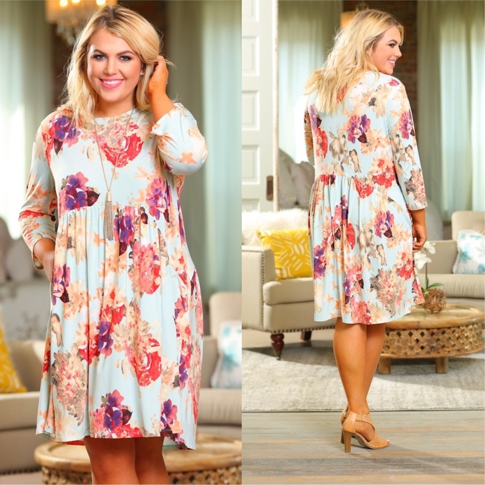 PLUS Mint Floral 3/4 Sleeve Dress - Picture 3 of 3